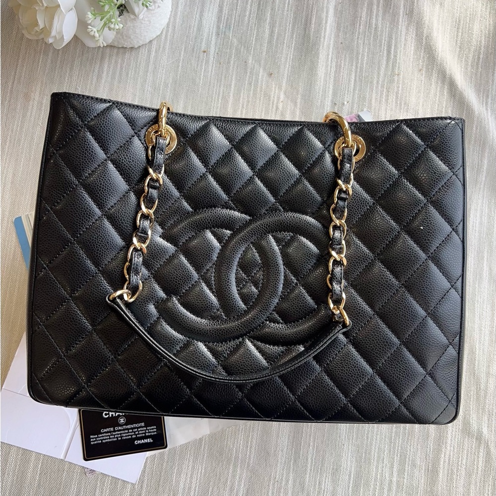 Chanel Caviar GST Black Quilted Shopping Tote Gold